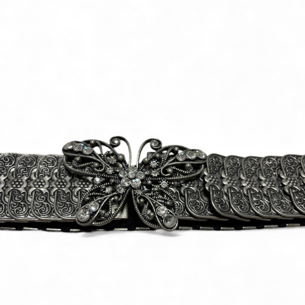 Vintage Gunmetal Stretch Belt w/ Butterfly Filigree Buckle - Picture 1 of 3